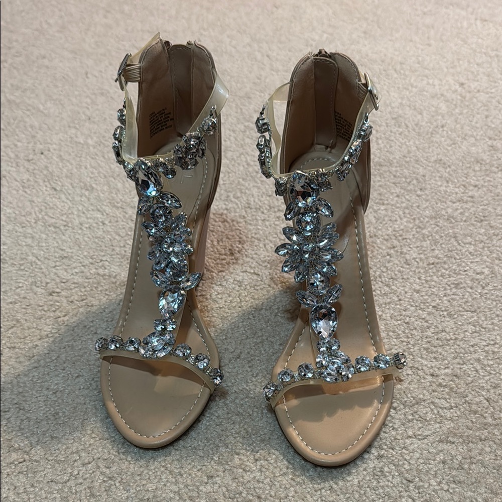 Shoe Dazzle Tan Wedges with Crystal Embellishments
